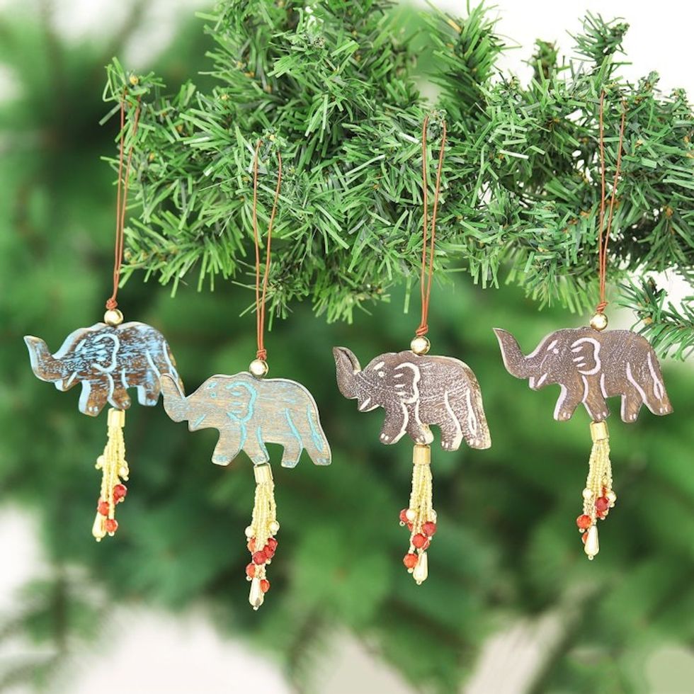 4 Mango Wood Elephant Ornaments with Beaded Tassels 'Elephant Celebration'