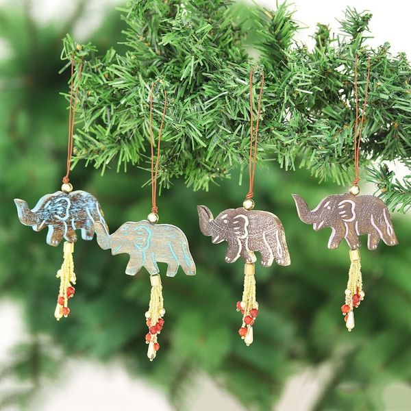 Alternate image for 4 Mango Wood Elephant Ornaments with Beaded Tassels Elephant Celebration