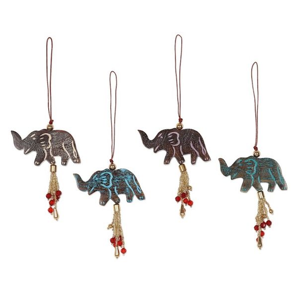 Alternate image for 4 Mango Wood Elephant Ornaments with Beaded Tassels Elephant Celebration