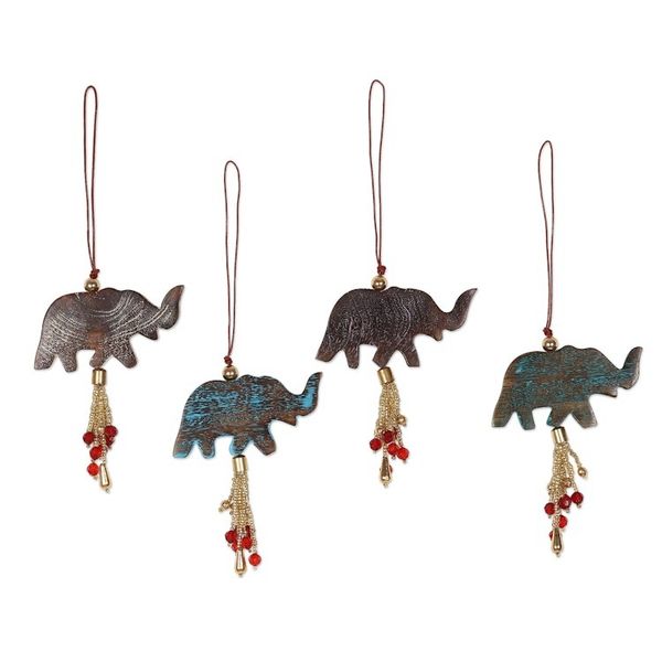 Alternate image for 4 Mango Wood Elephant Ornaments with Beaded Tassels Elephant Celebration