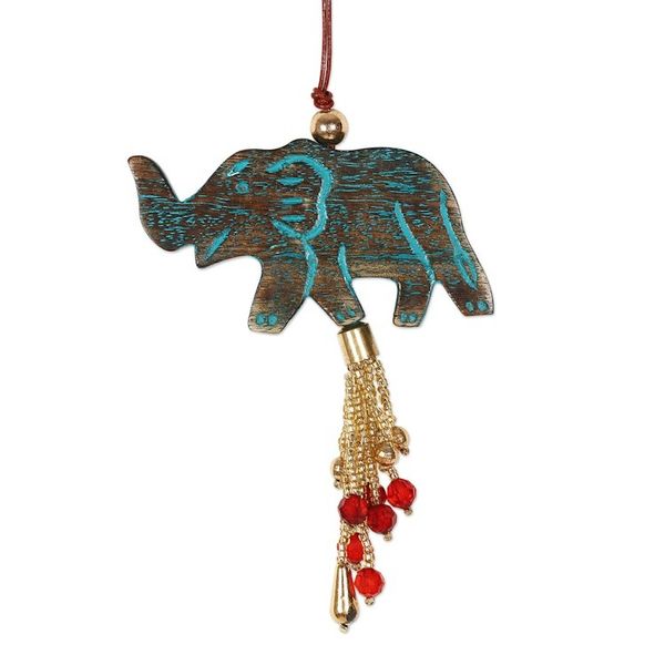 Alternate image for 4 Mango Wood Elephant Ornaments with Beaded Tassels Elephant Celebration