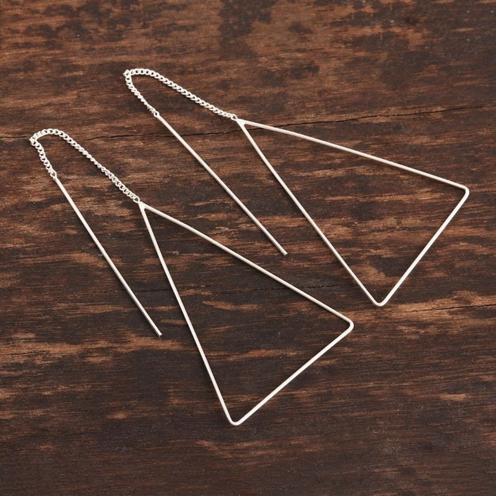 Threader Earrings Hand Crafted in Sterling Silver 'Singular Triangle'