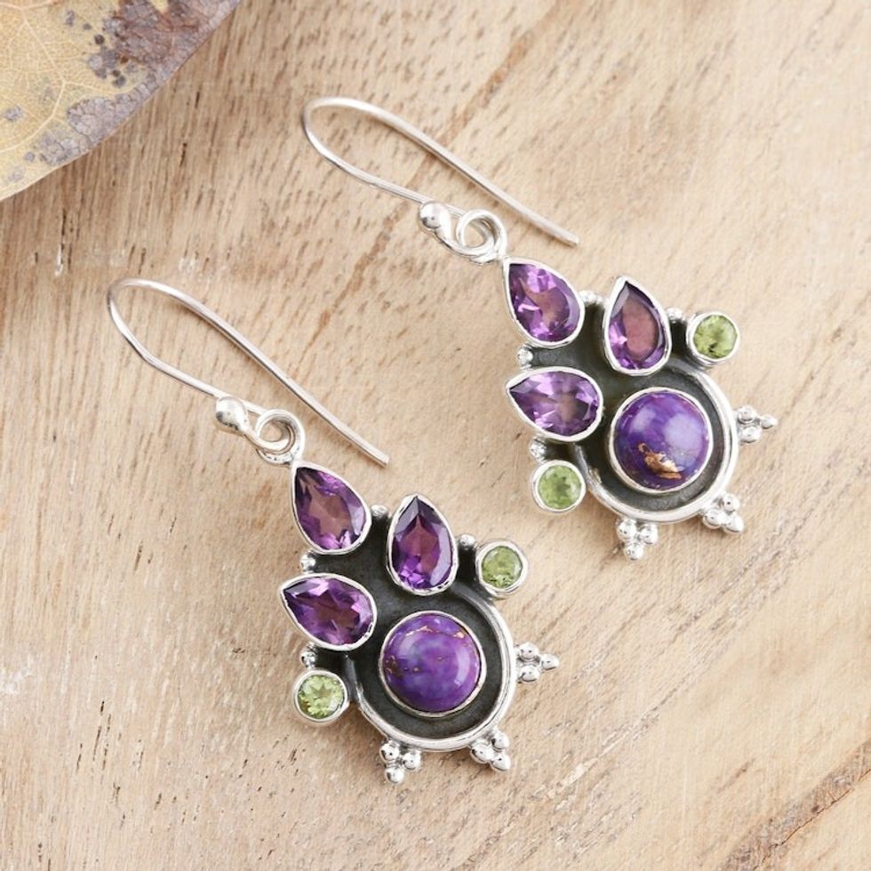 Purple Multi-Gemstone Sterling Silver Dangle Earrings 'Dreaming in Purple'