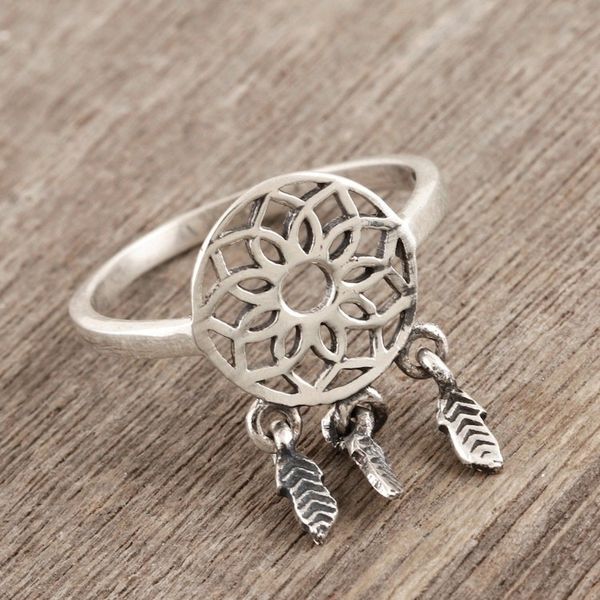 Alternate image for Artisan Made Sterling Silver Cocktail Ring Dream Catcher Charm