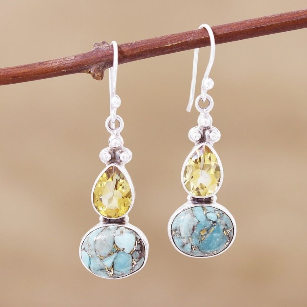 Composite Turquoise and Citrine Silver Dangle Earrings 'Sparkling Energy'