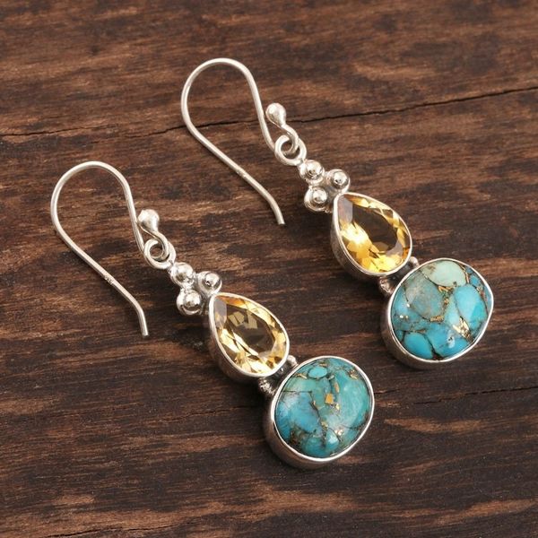 Alternate image for Composite Turquoise and Citrine Silver Dangle Earrings Sparkling Energy