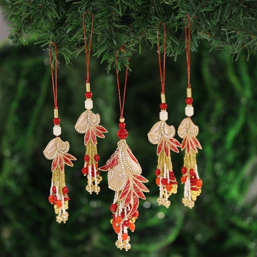 Gold and Red Beaded Ornaments from India Set of 5 'Holiday Gala'