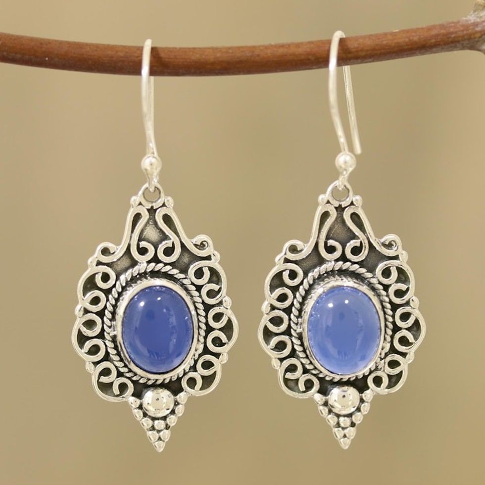 Blue Chalcedony Dangle Earrings Crafted in India 'Baroque Blue'