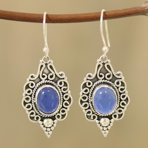 Alternate image for Blue Chalcedony Dangle Earrings Crafted in India Baroque Blue