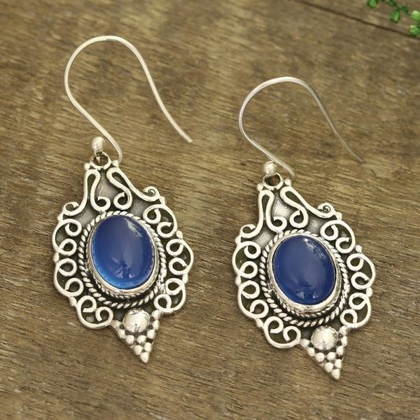 Alternate image for Blue Chalcedony Dangle Earrings Crafted in India Baroque Blue