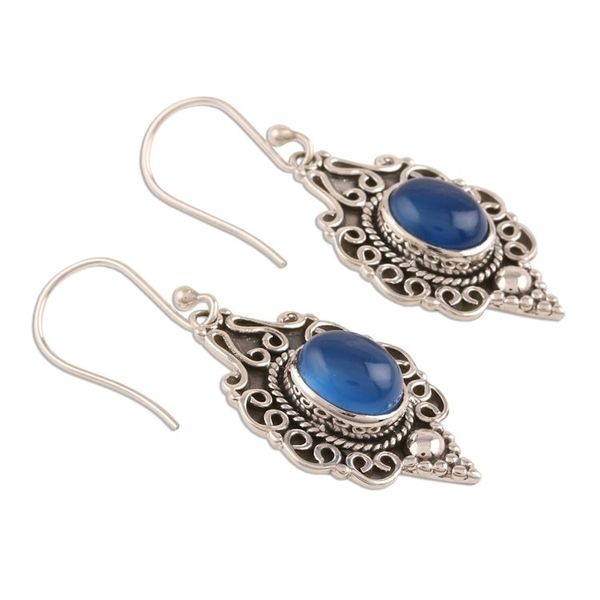 Alternate image for Blue Chalcedony Dangle Earrings Crafted in India Baroque Blue
