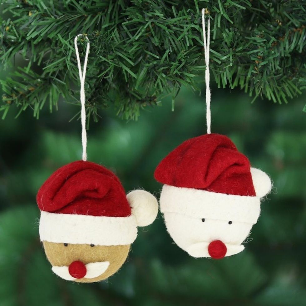 Hand Crafted Wool Felt Santa Face Ornaments Pair 'Santa Face'