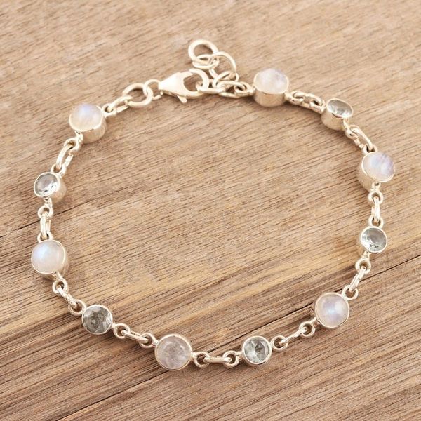 Alternate image for Hand Made Rainbow Moonstone and Blue Topaz Link Bracelet Ravishing Beauty in Blue