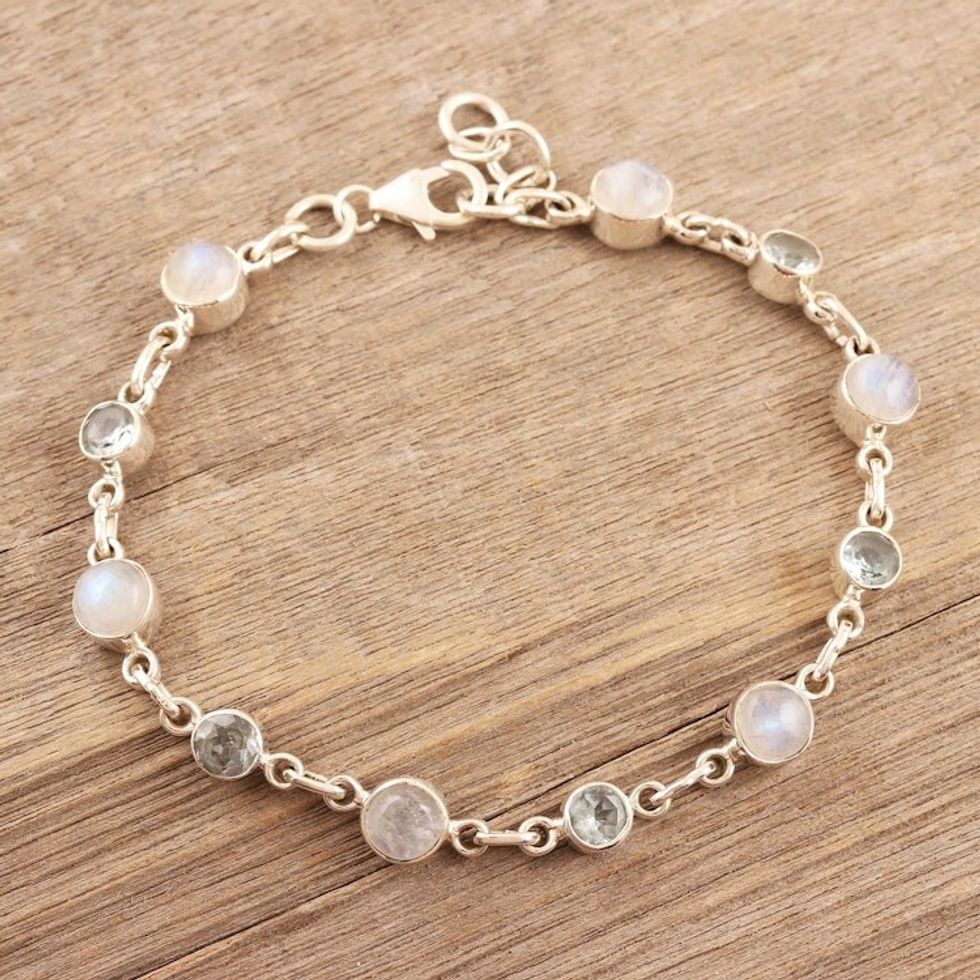 Hand Made Rainbow Moonstone and Blue Topaz Link Bracelet 'Ravishing Beauty in Blue'