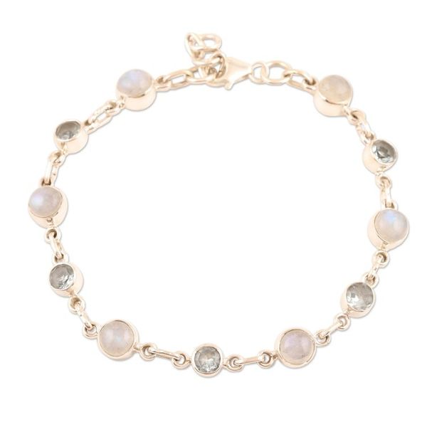 Alternate image for Hand Made Rainbow Moonstone and Blue Topaz Link Bracelet Ravishing Beauty in Blue