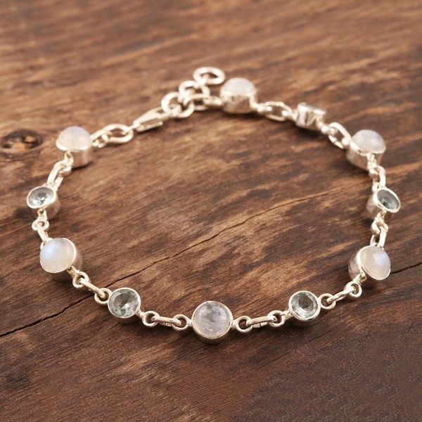 Alternate image for Hand Made Rainbow Moonstone and Blue Topaz Link Bracelet Ravishing Beauty in Blue