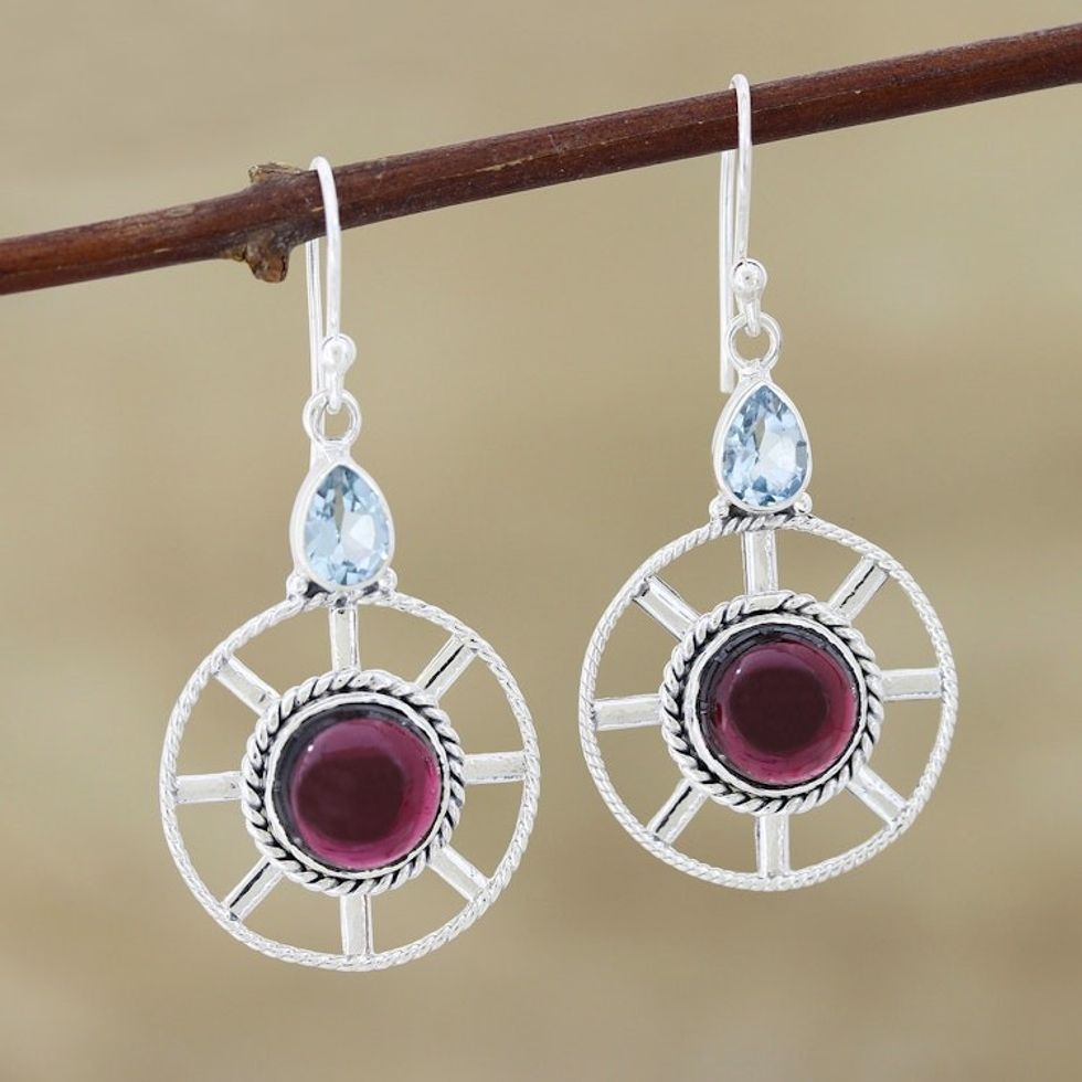 Garnet and Blue Topaz Dangle Earrings 'Wheel in the Sky'