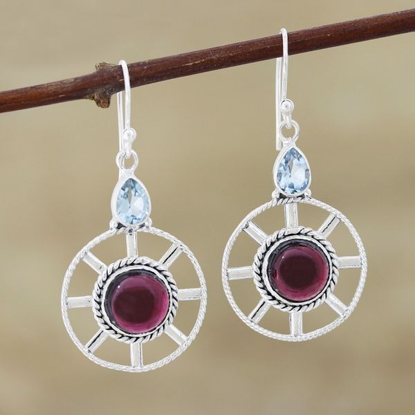 Alternate image for Garnet and Blue Topaz Dangle Earrings Wheel in the Sky