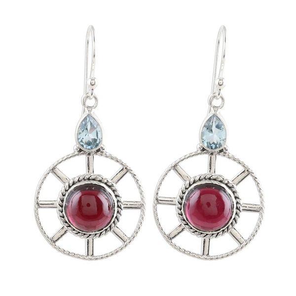 Alternate image for Garnet and Blue Topaz Dangle Earrings Wheel in the Sky