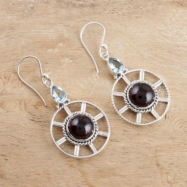 Alternate image for Garnet and Blue Topaz Dangle Earrings Wheel in the Sky