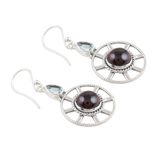 Alternate image for Garnet and Blue Topaz Dangle Earrings Wheel in the Sky