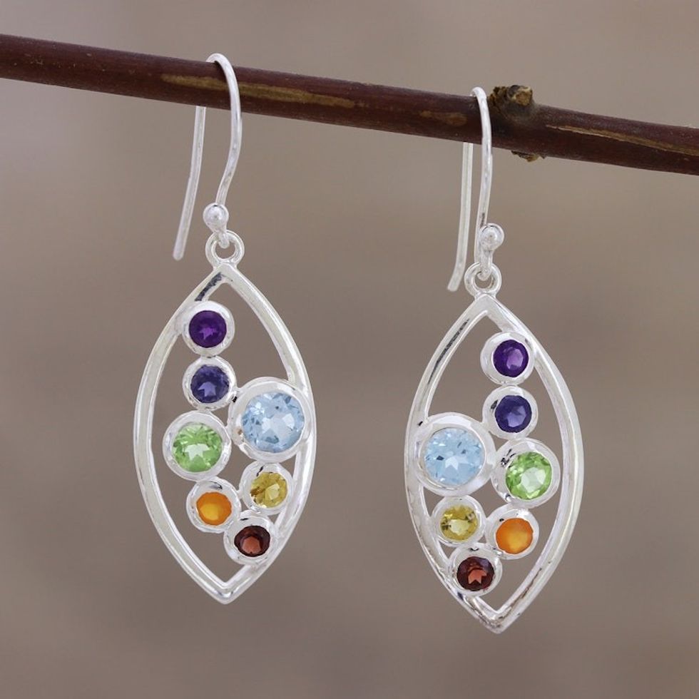 Sterling Silver Dangle Earrings with Chakra Gemstones 'Leafy Chakra'