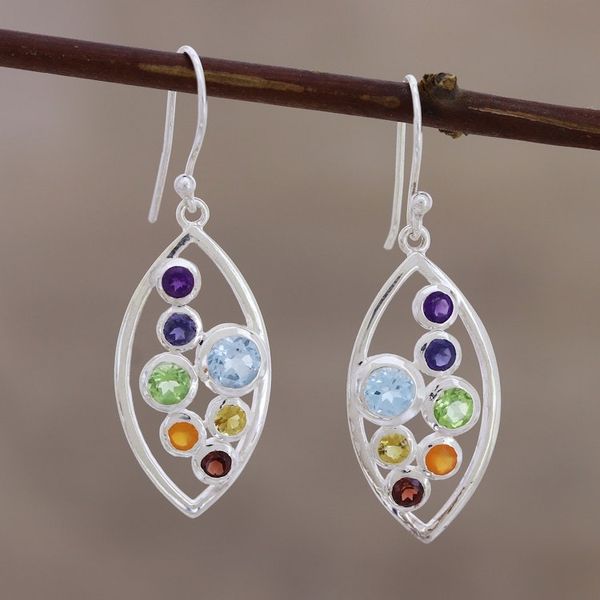 Alternate image for Sterling Silver Dangle Earrings with Chakra Gemstones Leafy Chakra