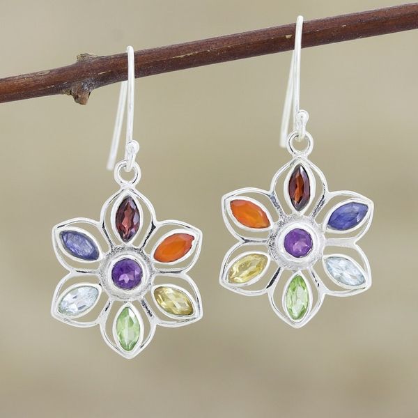 Alternate image for Chakra Flower-Shaped Multi-Gemstone Earrings Chakra Flower