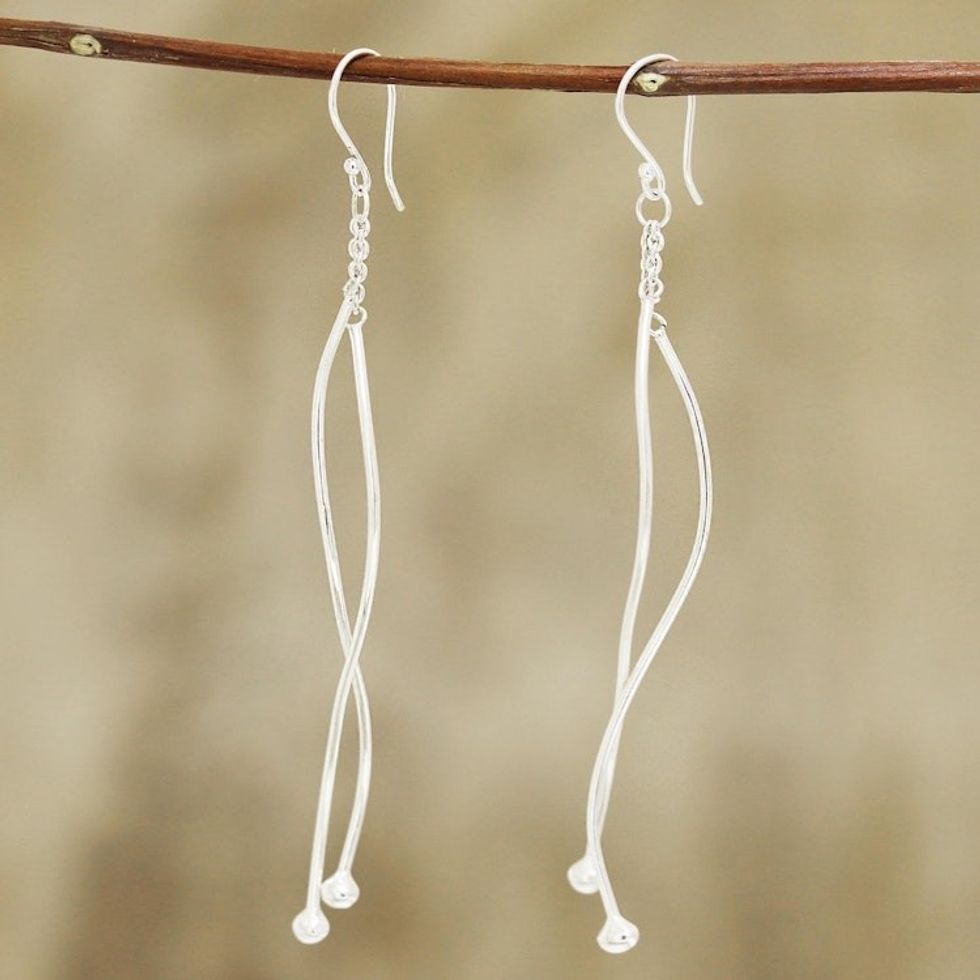 Wavy Sterling Silver Dangle Earrings from India 'Contemporary Elegance'