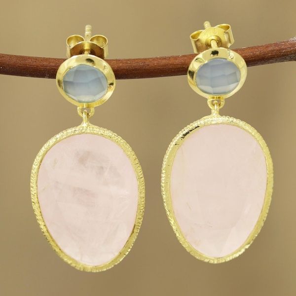 Alternate image for Gold Plated Rose Quartz and Chalcedony Dangle Earrings Sparkling Muse