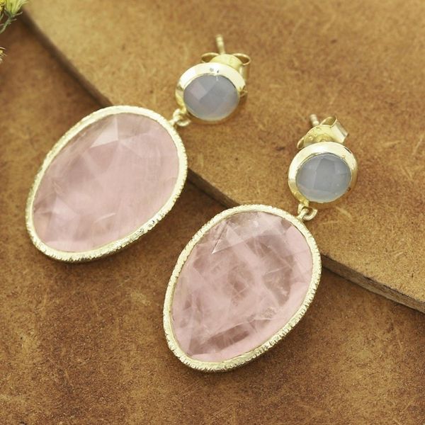 Alternate image for Gold Plated Rose Quartz and Chalcedony Dangle Earrings Sparkling Muse