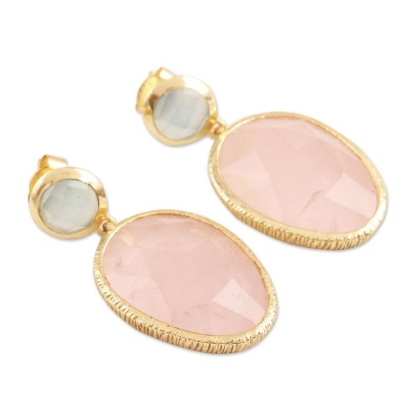 Alternate image for Gold Plated Rose Quartz and Chalcedony Dangle Earrings Sparkling Muse