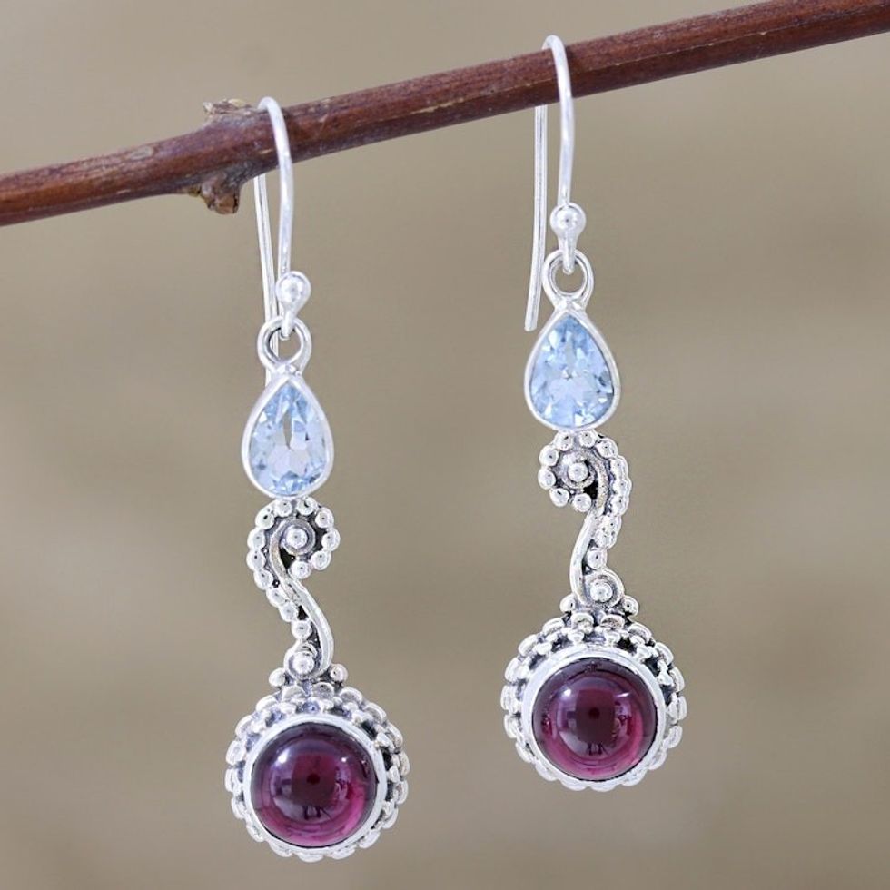 Garnet and Blue Topaz Dangle Earrings 'Right Combination'