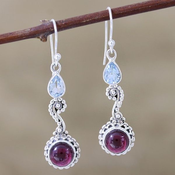 Alternate image for Garnet and Blue Topaz Dangle Earrings Right Combination