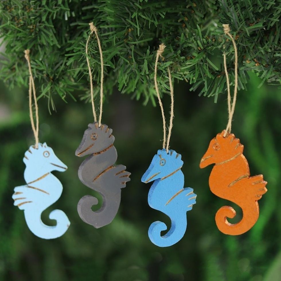 Mango Wood Seahorse Ornaments from India Set of 4 'Colorful Seahorses'
