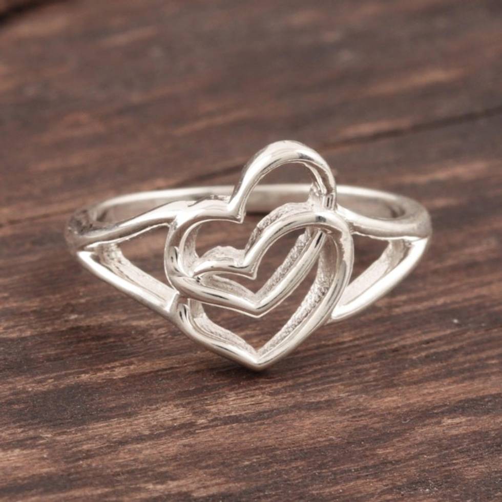 Romance-Themed Sterling Silver Heart Band Ring from India 'Hearts United'