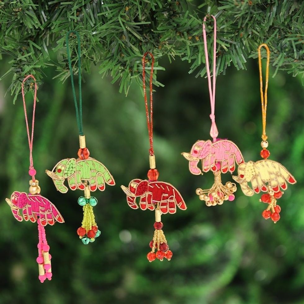 Elephant-Themed Ornaments Crafted in India Set of 5 'Elephant Glamour'