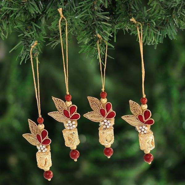Alternate image for Red and Gold-Tone Beaded Ornaments from India Set of 4 Gorgeous Quartet