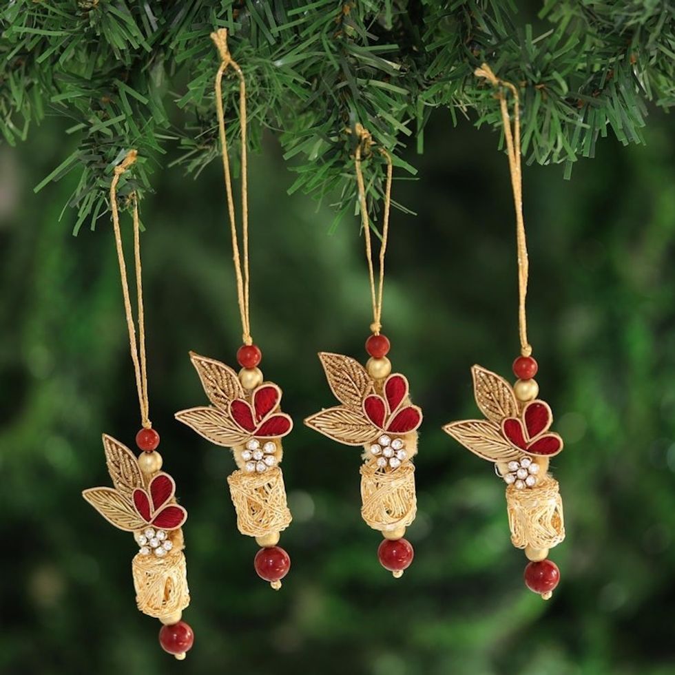 Red and Gold-Tone Beaded Ornaments from India Set of 4 'Gorgeous Quartet'