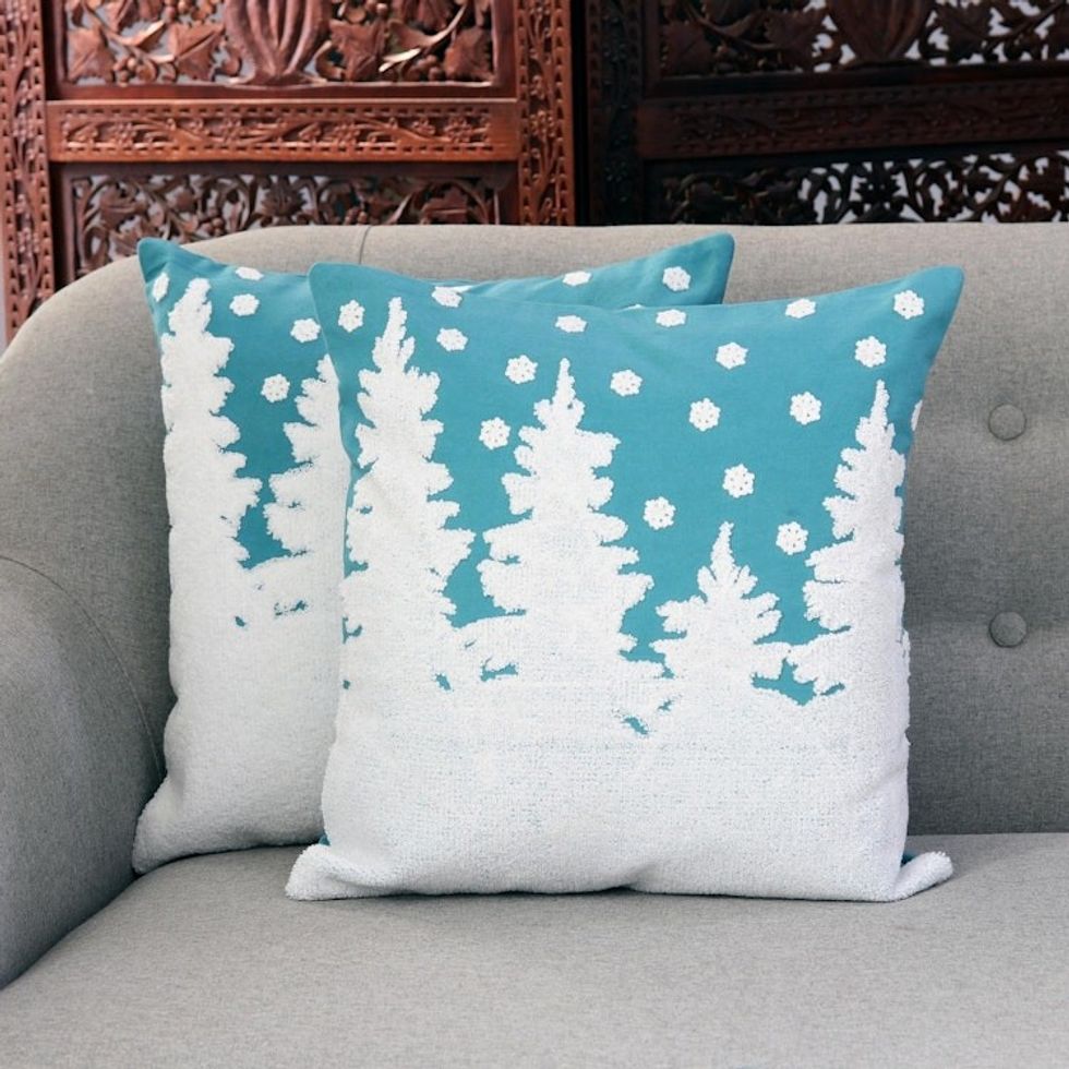 Winter-Themed Embroidered Cotton Cushion Covers Pair 'Turquoise Winter'