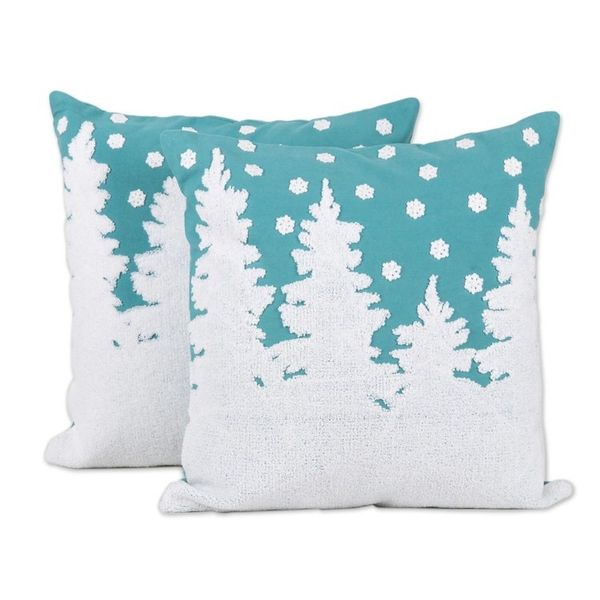 Alternate image for Winter-Themed Embroidered Cotton Cushion Covers Pair Turquoise Winter