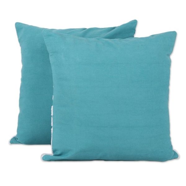 Alternate image for Winter-Themed Embroidered Cotton Cushion Covers Pair Turquoise Winter