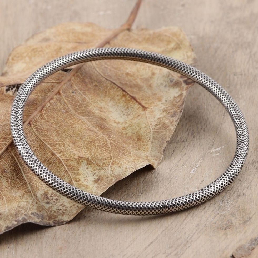 Fine Grid Mesh Motif Sterling Silver Bangle Bracelet 'Grid'