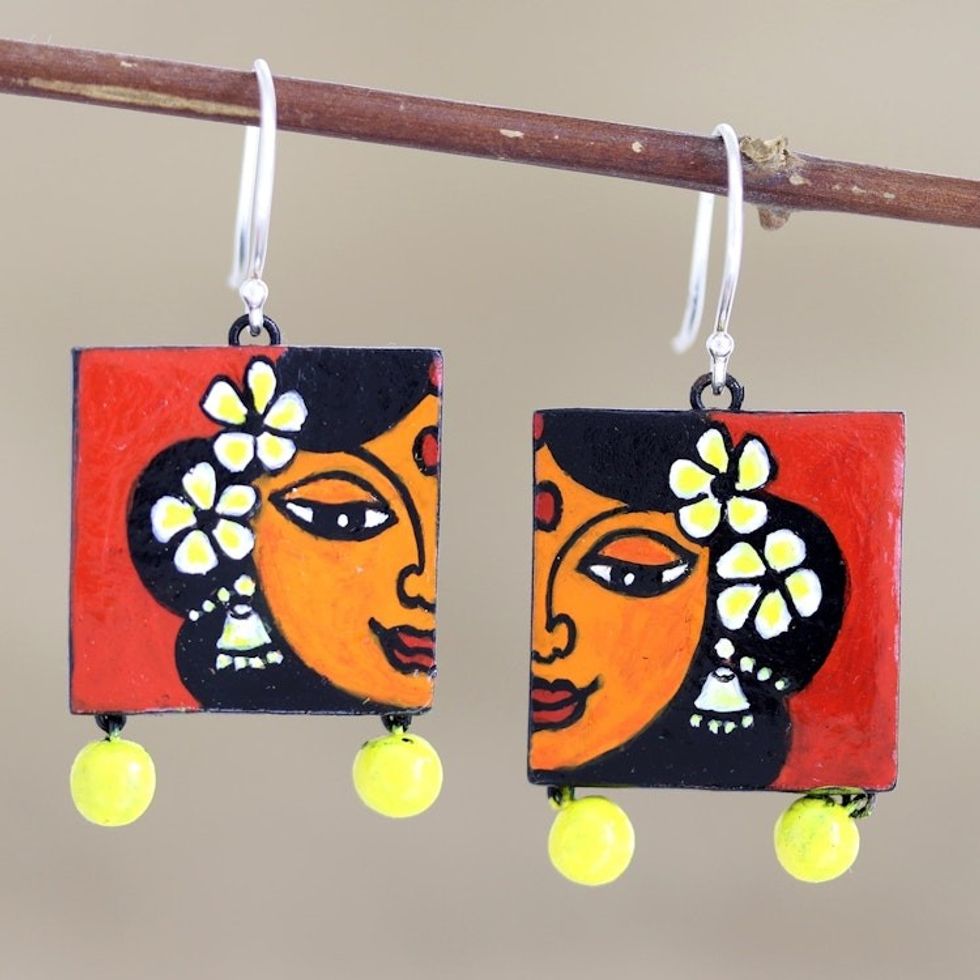Hand Crafted Ceramic Dangle Earrings from India 'Indian Beauty'