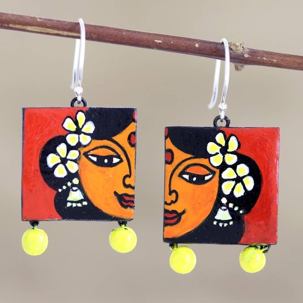 Hand Crafted Ceramic Dangle Earrings from India 'Indian Beauty'