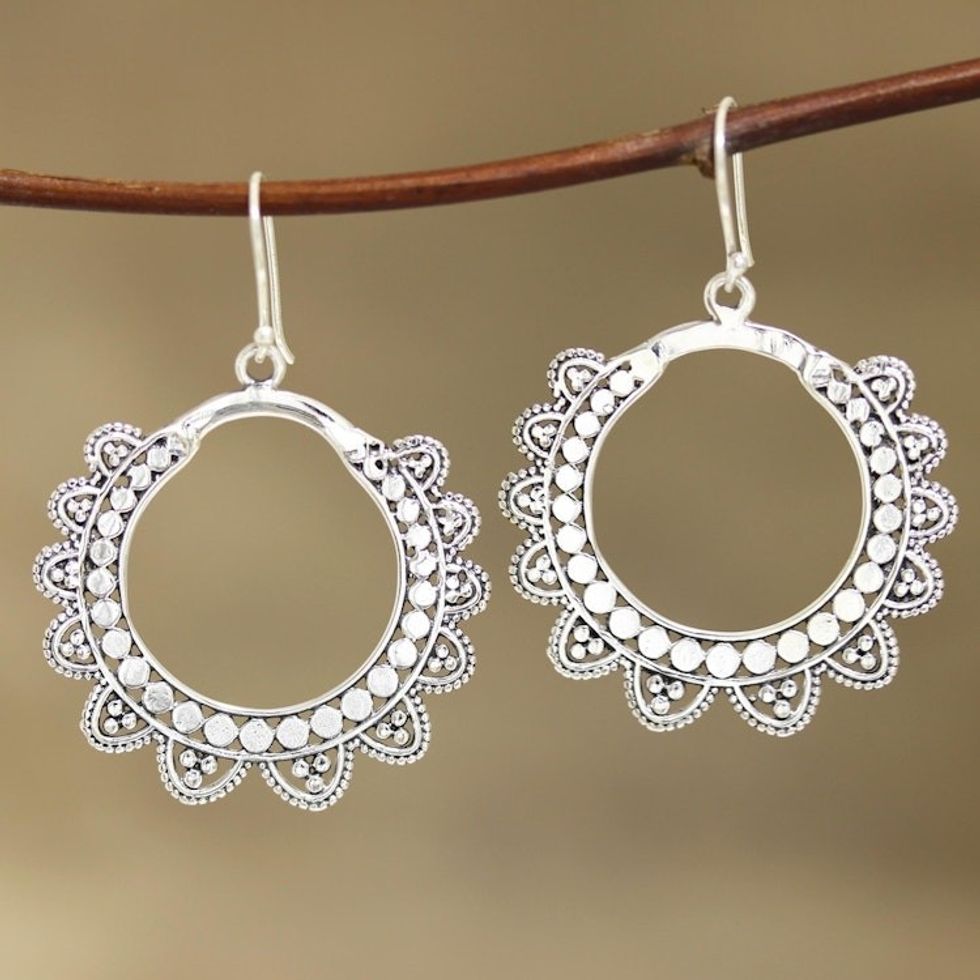 Petal Pattern Sterling Silver Dangle Earrings from India 'Glamorous Petals'