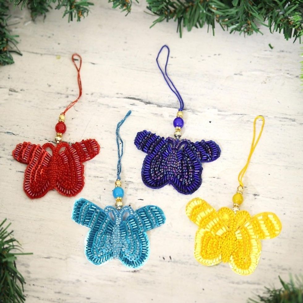 Glass Beaded Butterfly Ornaments from India Set of 4 'Glamorous Butterflies'