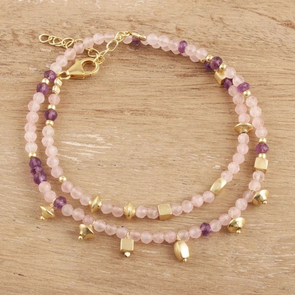 Gold Accented Rose Quartz and Amethyst Beaded Wrap Bracelet 'Fantastic Passion'