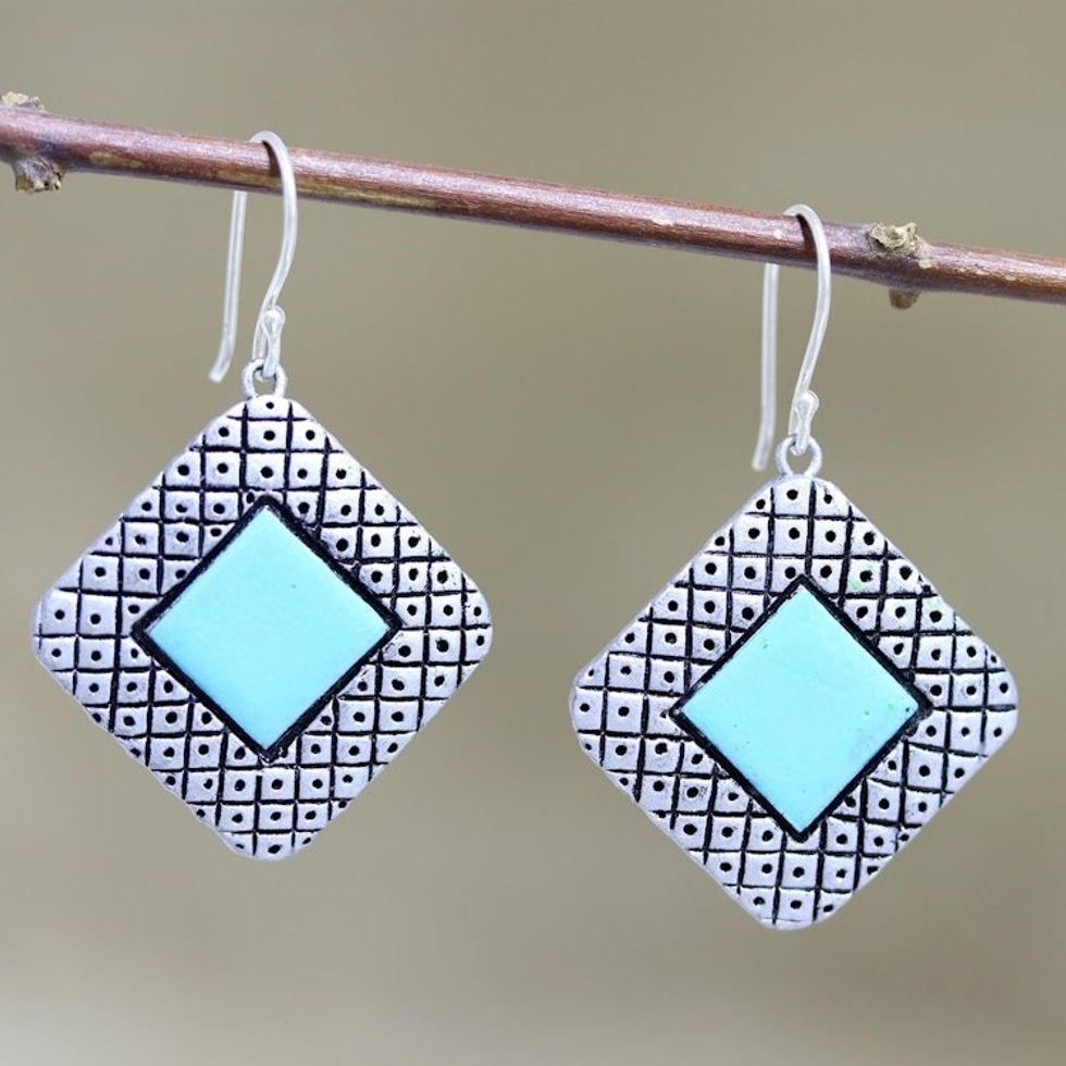 Hand Painted Ceramic Dangle Earrings from India 'Silver Plaza'