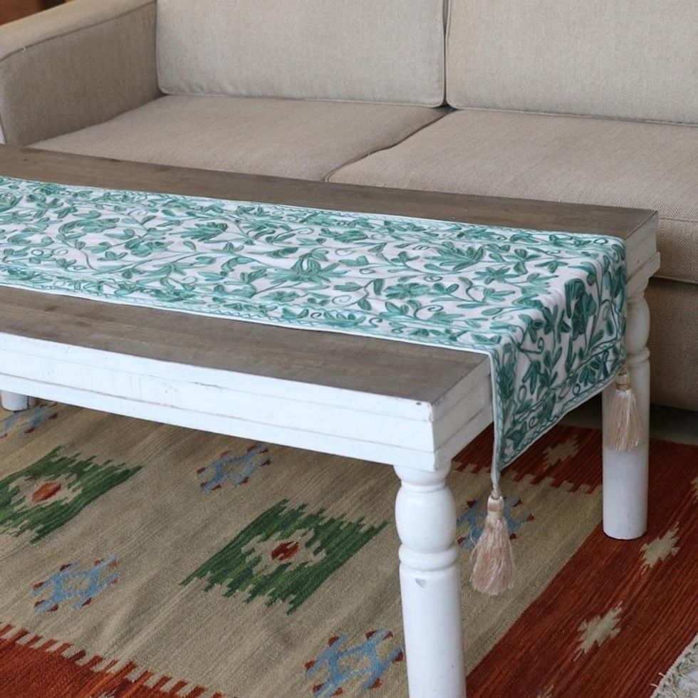 Hand Woven Leaf and Vine Patterned Cotton Table Runner 'Kashmir Leaves in Green'